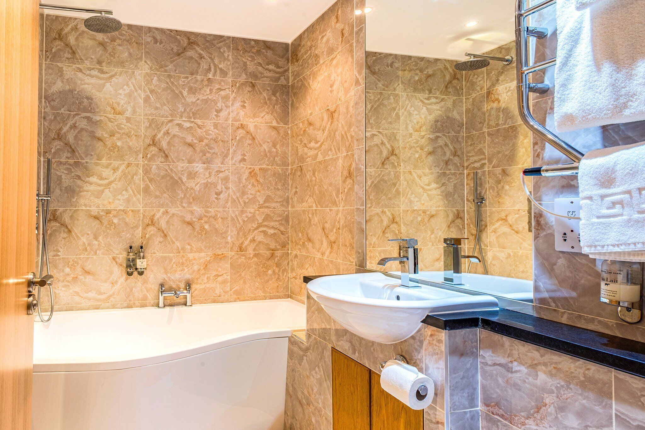 Shower, free toiletries, hair dryer, towels