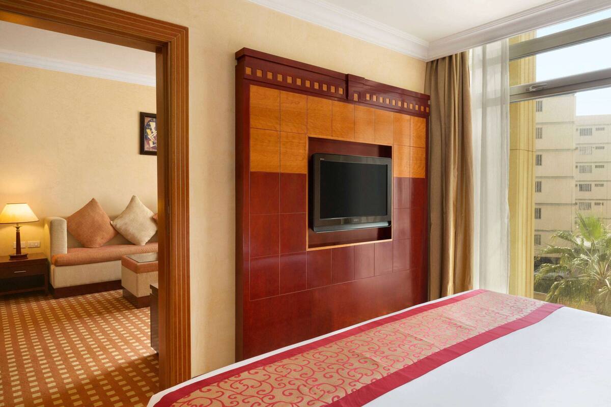 Habitación de hotel con una cama grande, un televisor montado en un panel de madera, un sofá con cojines, una mesita de noche y una ventana con vistas a edificios y palmeras.