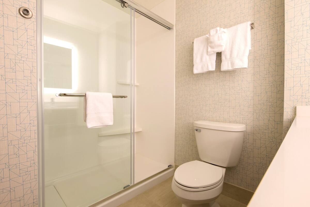 Un baño con ducha de vidrio, inodoro y toallero con toallas.