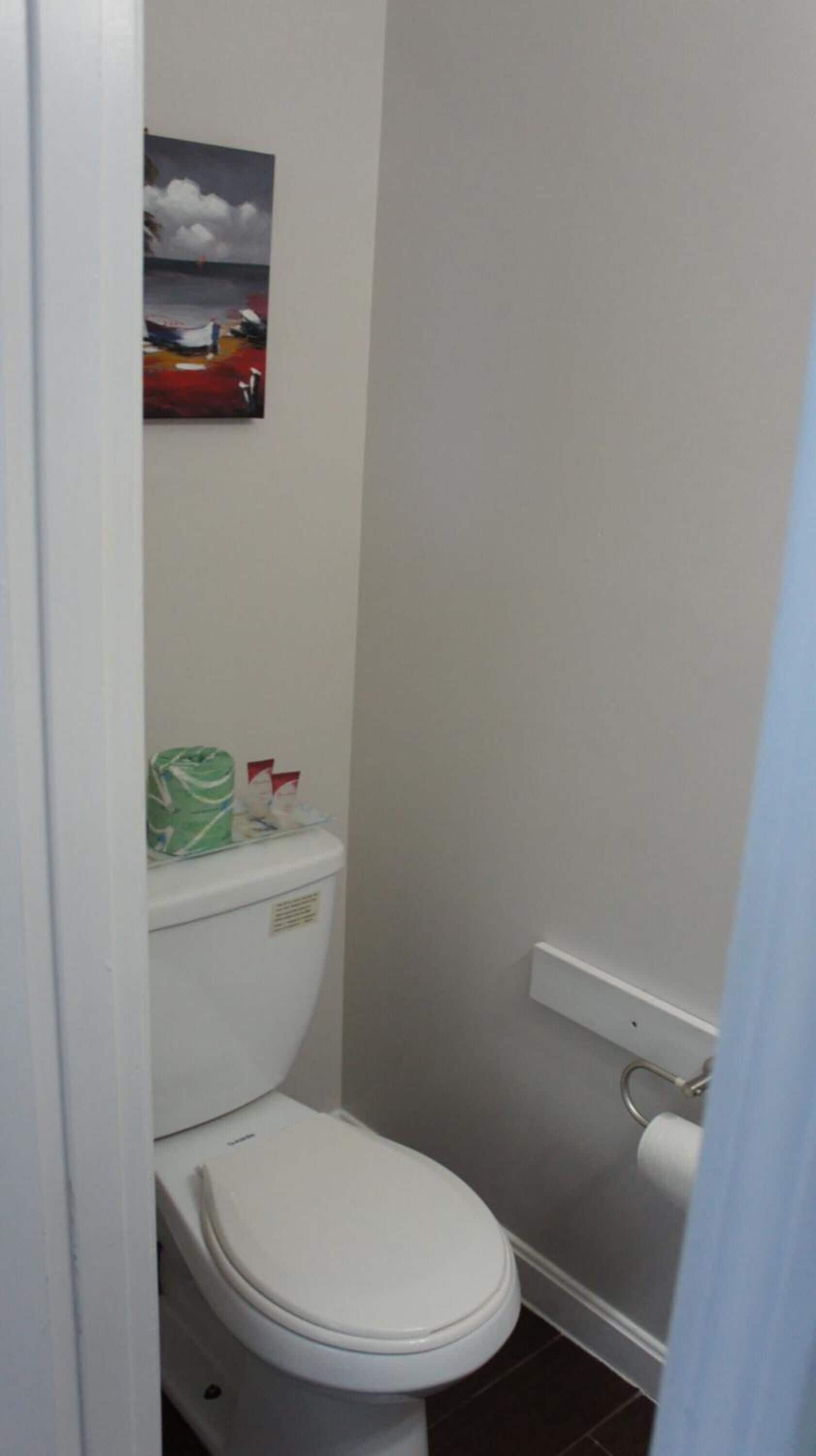 Un baño pequeño y funcional con inodoro blanco, un dispensador de papel higiénico verde y un cuadro de un barco en la pared.