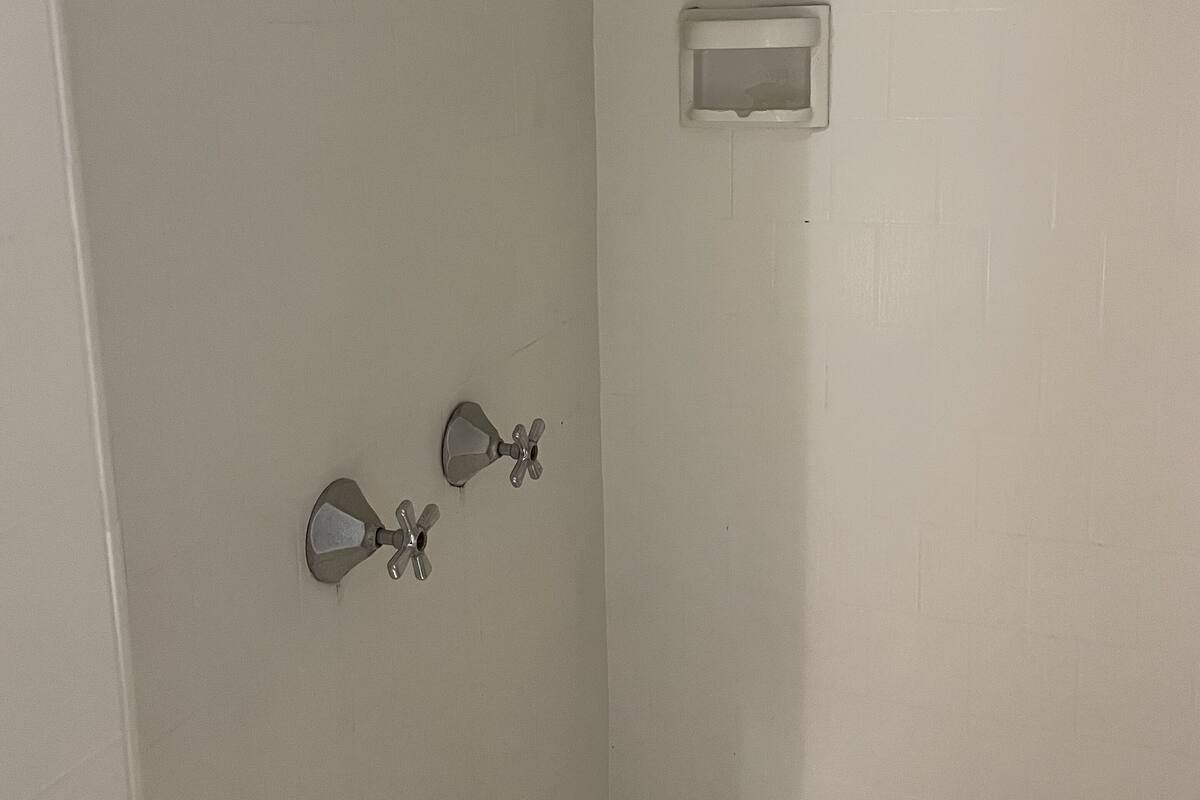 A bathroom with a shower, a towel rack, and a soap dispenser.