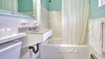Standard Room, 2 Double Beds, Smoking | Bathroom | Combined shower/tub, hair dryer, towels