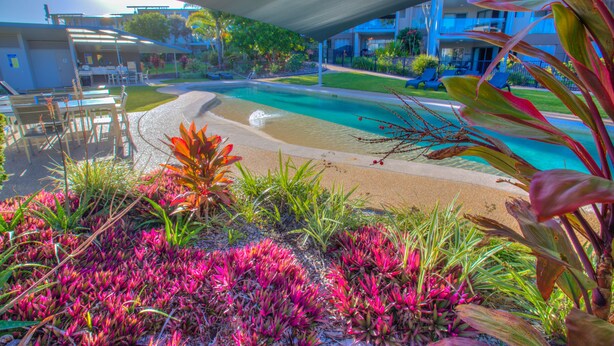 Zona de piscina con playa de arena, rodeada de exuberante vegetación y un área de descanso cubierta.