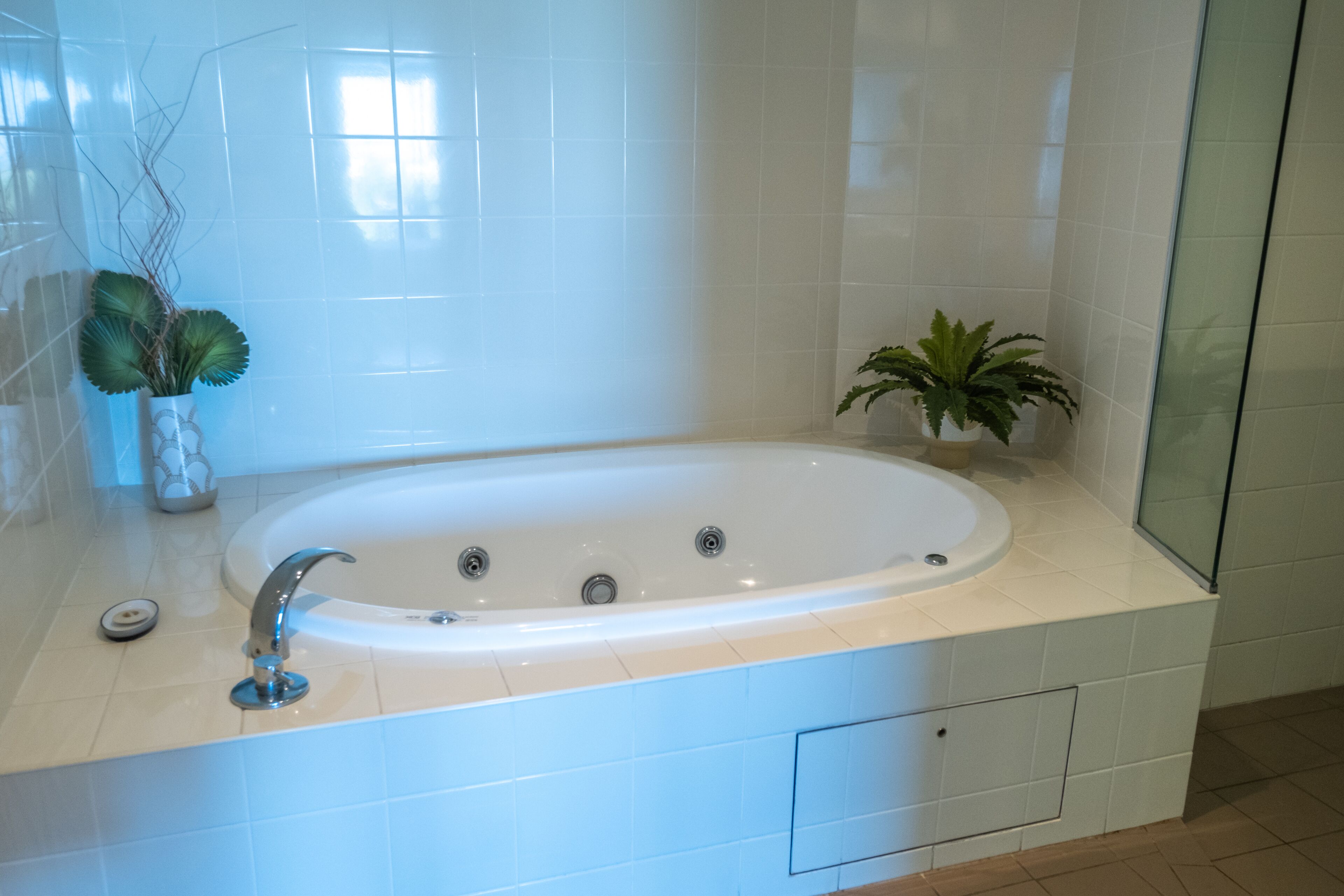 A modern bathroom with a large bathtub, a glass shower enclosure, and two potted plants.