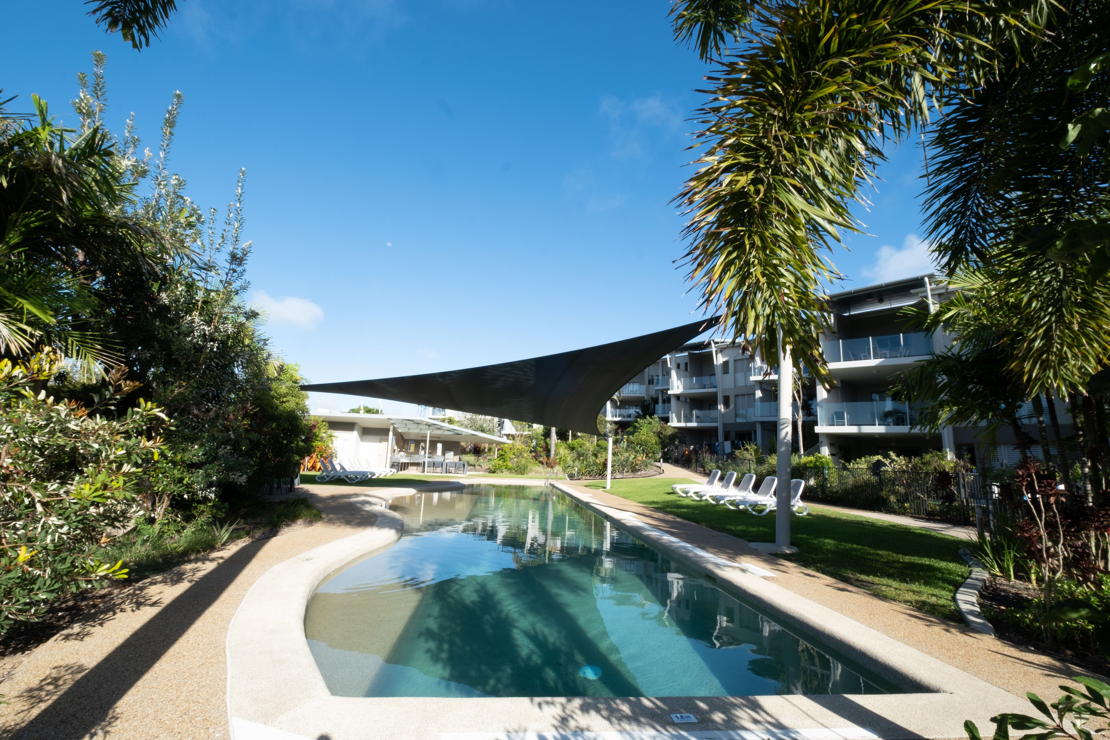 A swimming pool with a curved edge, surrounded by palm trees and a building with balconies.