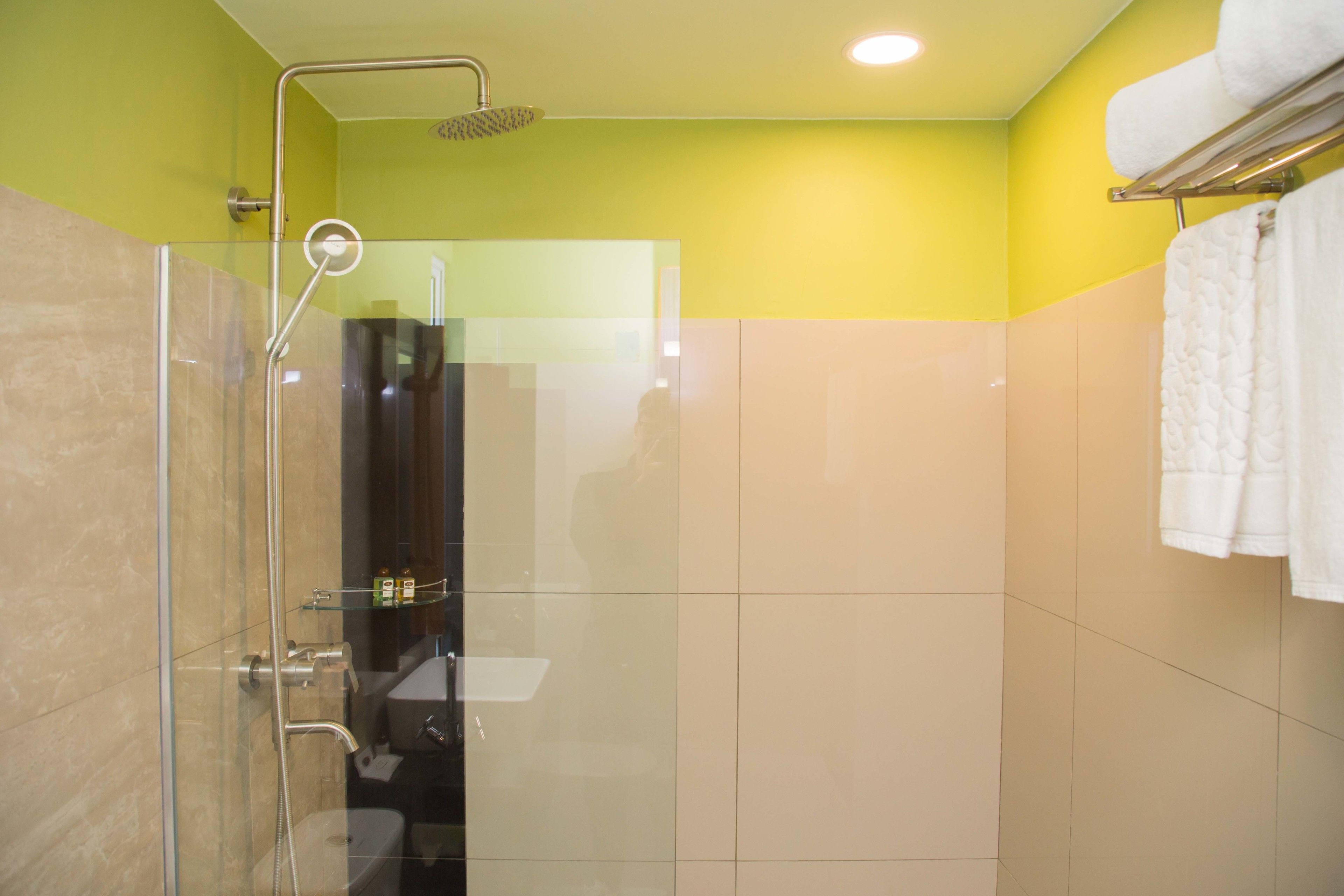 A modern bathroom with a glass-enclosed shower, a toilet, and a sink.