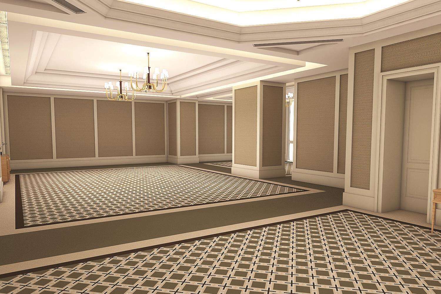 Una habitación amplia con piso estampado, un candelabro y un ventanal grande.