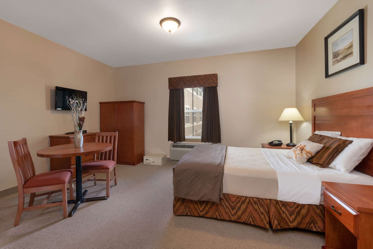 Habitación de hotel con cama, escritorio con sillas, televisor, ventana con cortinas y mesita de noche con lámpara.