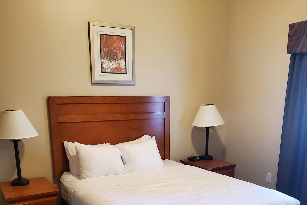 Habitación de hotel con una cama grande, dos mesitas de noche con lámparas, un cuadro enmarcado en la pared y una alfombra estampada.