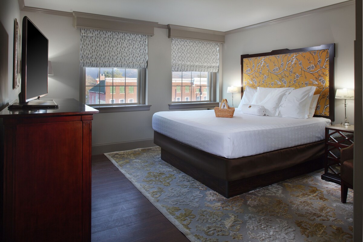 Habitación de hotel con una cama grande, un aparador de madera, un televisor y dos ventanas con cortinas estampadas.