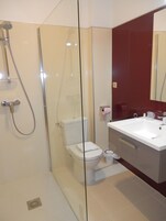 Ducha, secador de pelo, toallas, jabón