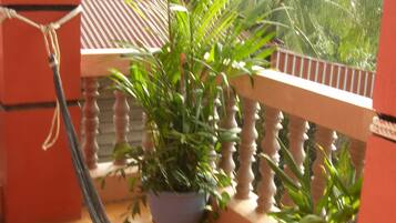 Un balcon avec un plancher en bois, une plante en pot et un hamac.