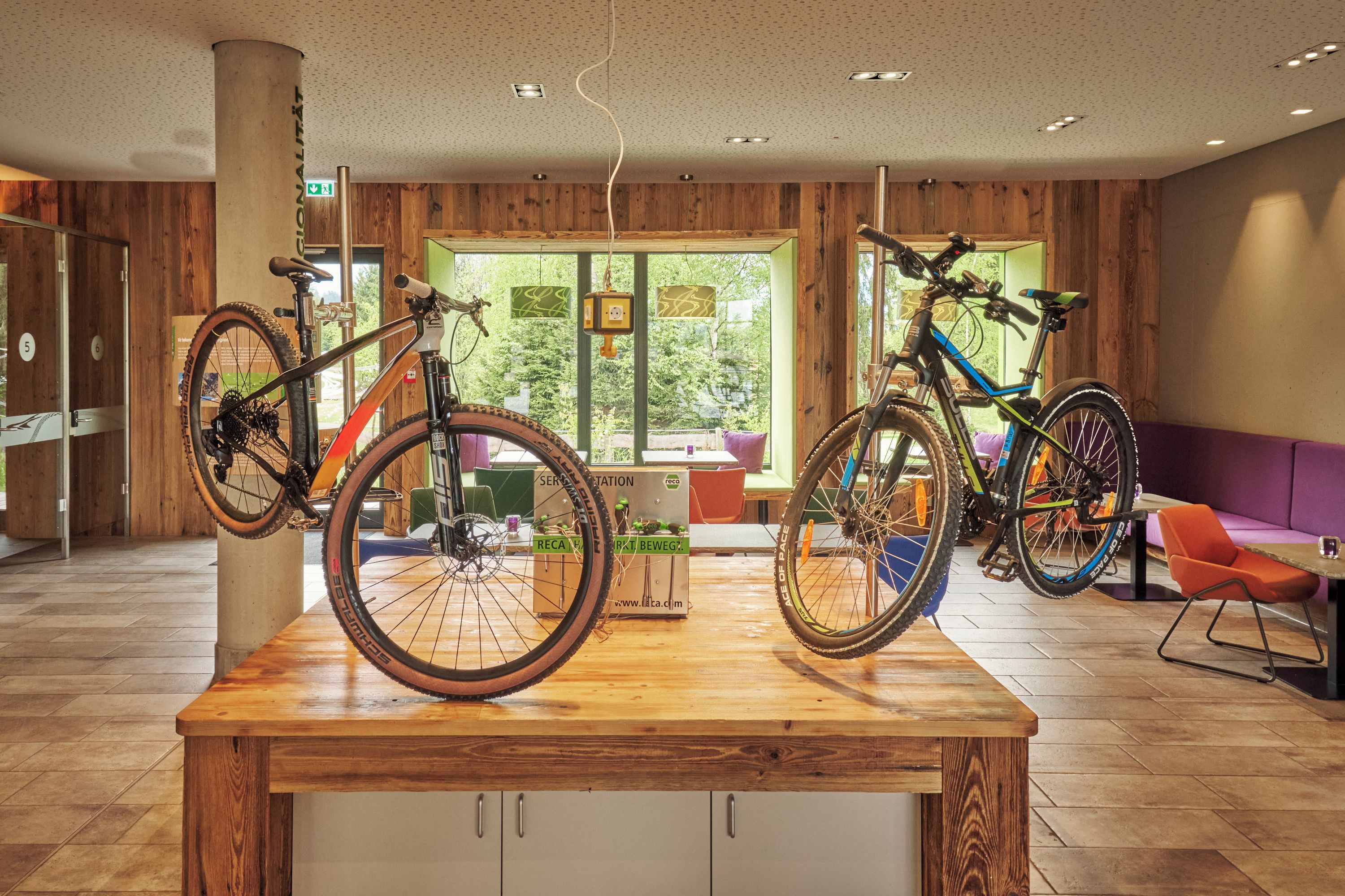 A spacious room with wooden flooring, two bicycles mounted on a table, and a view of greenery through large windows.