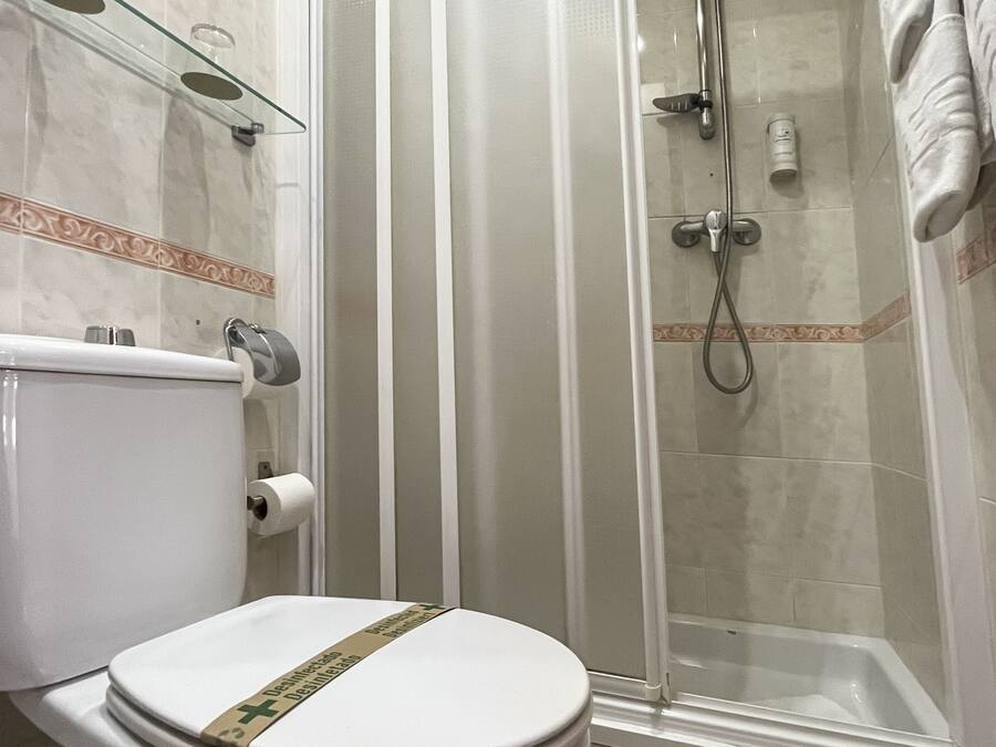 Casa de banho com sanita, cabine de duche em vidro e um porta-toalhas.