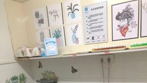 Un área de lavandería con dos lavadoras, un estante con adornos y una pared decorada con adhesivos de mariposas.