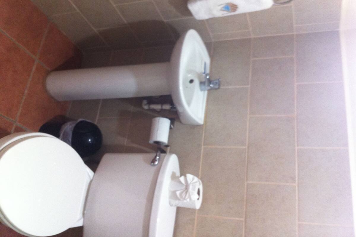 Un baño con inodoro, lavamanos y toallero.