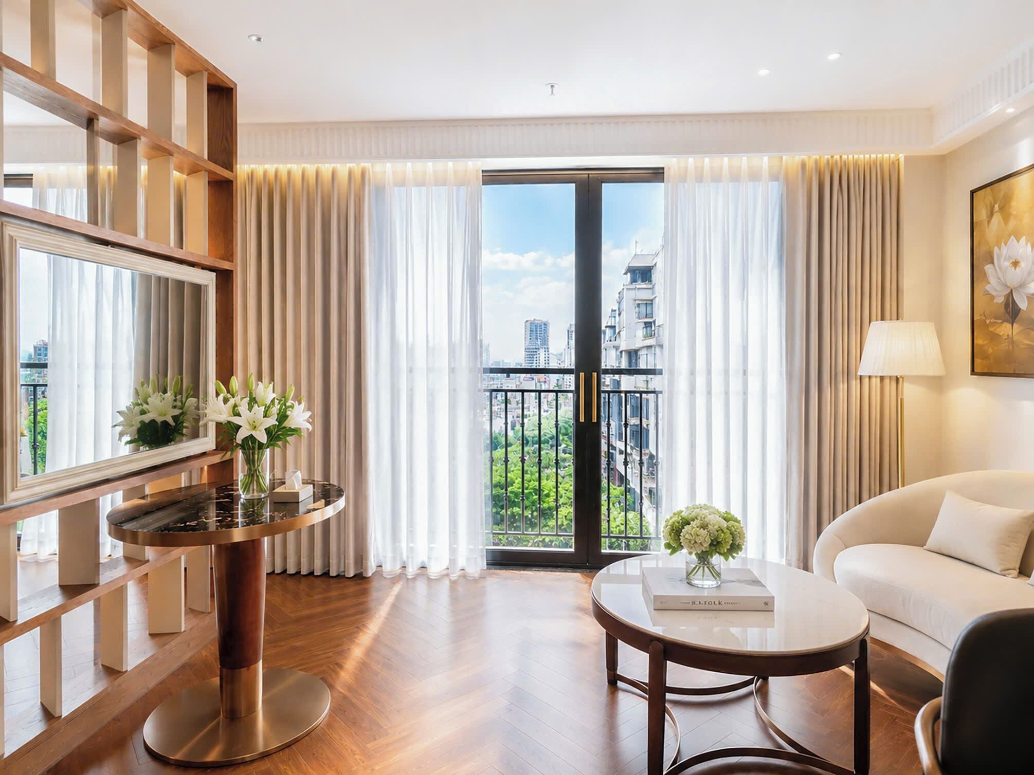 A modern hotel room with a balcony, a round coffee table, a sofa, and a TV.