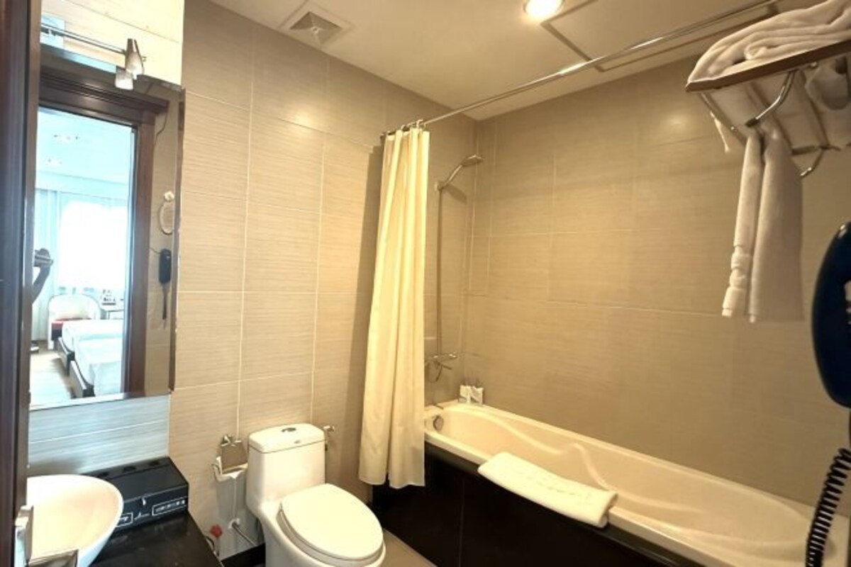 A bathroom with a toilet, bathtub, and shower curtain.