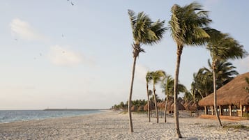 Private beach, white sand, sun-loungers, beach umbrellas
