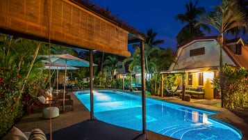 Outdoor pool, pool umbrellas, pool loungers