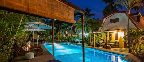 Outdoor pool, pool umbrellas, pool loungers