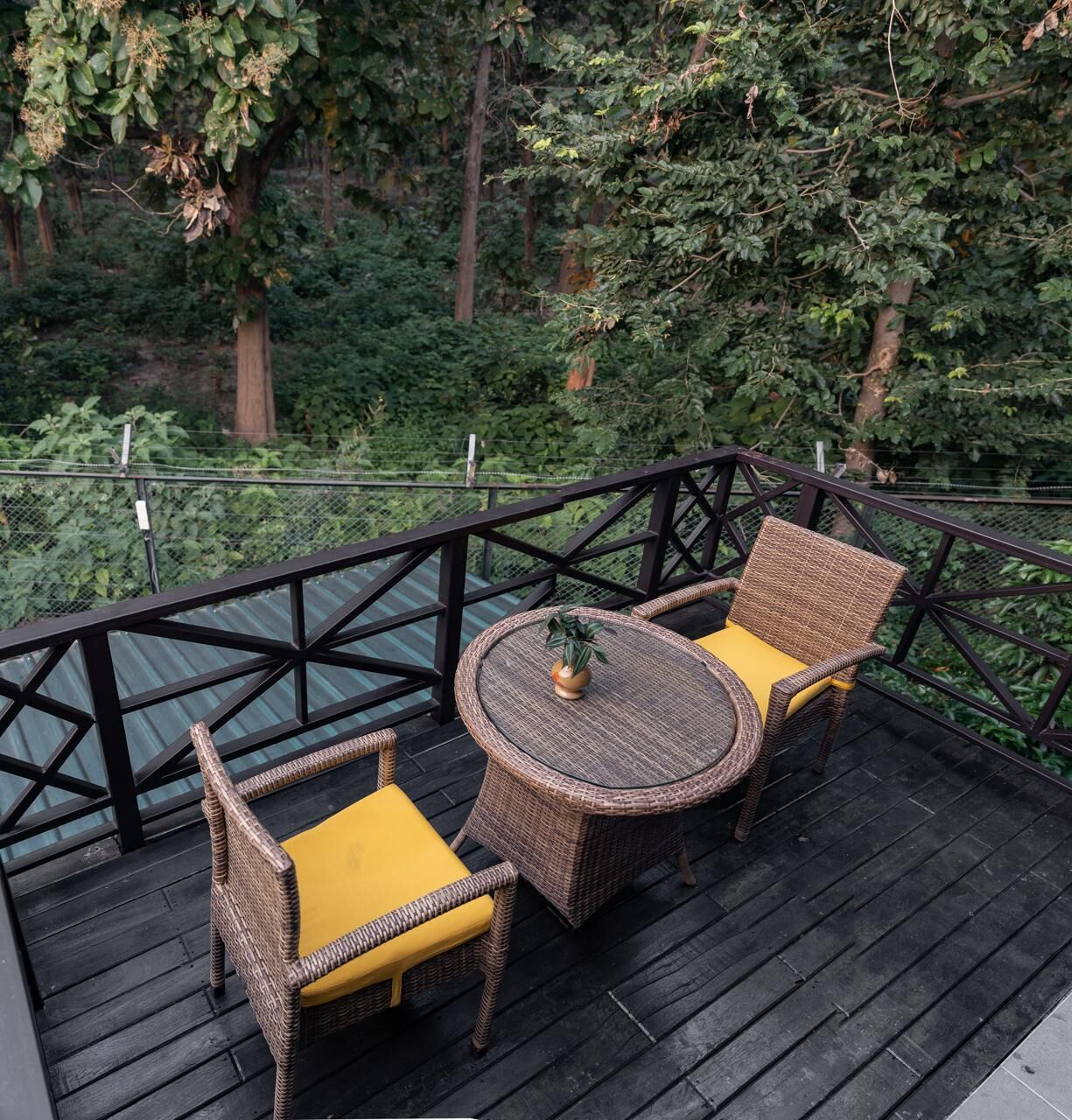 A deck with wicker furniture and yellow cushions, surrounded by a black railing and greenery.