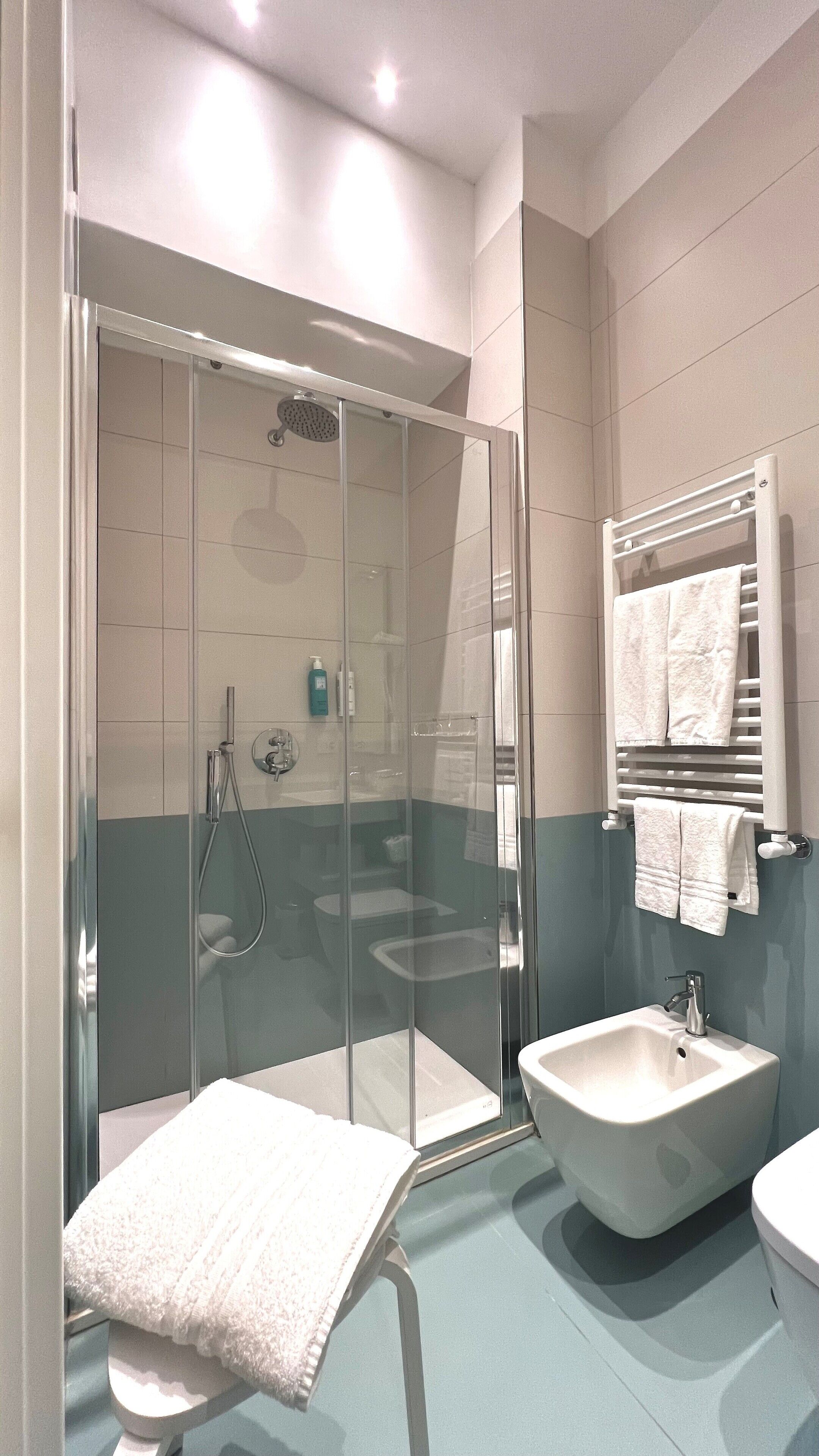 Een moderne badkamer met een douchecabine van glas, een wastafel en een handdoekhouder.