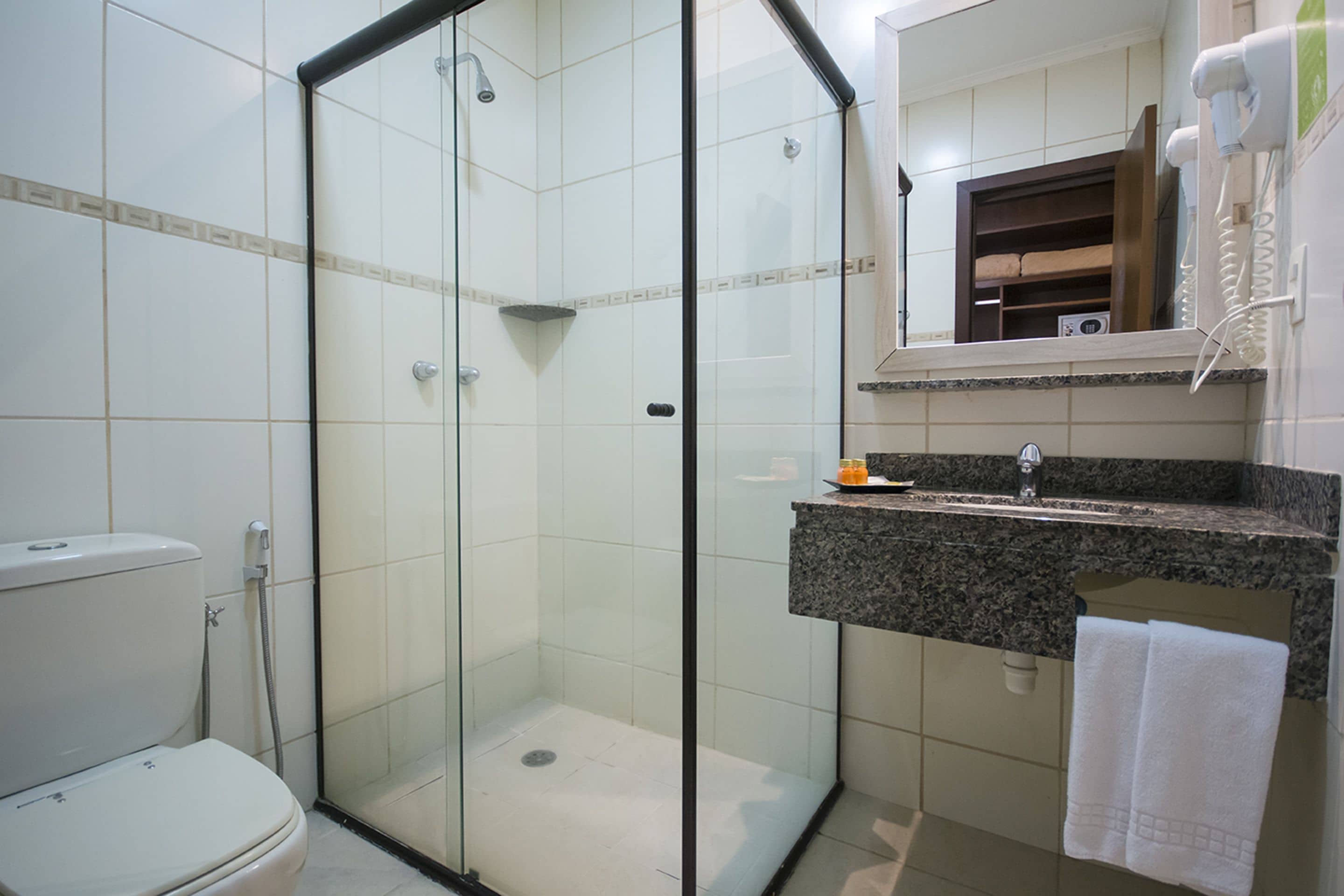 shower, free toiletries, hair dryer