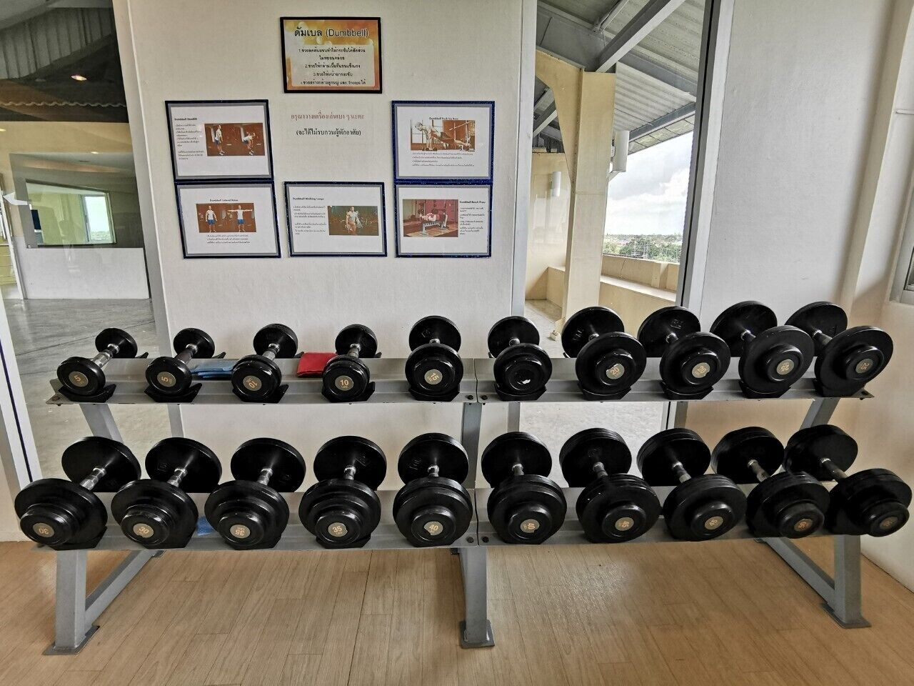 A gym with a rack of dumbbells, informational posters, and a view of the outdoors.