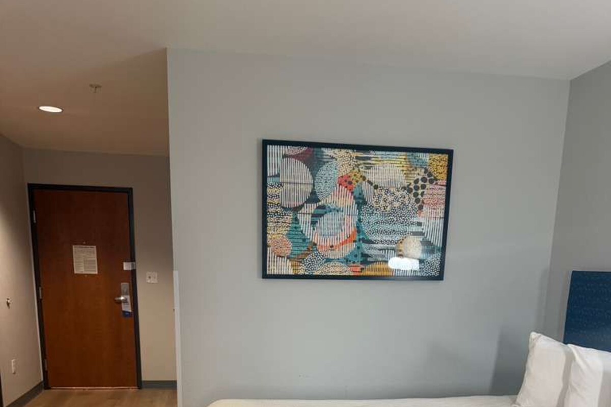 A hotel room with a bed, a door, and a wall-mounted artwork.