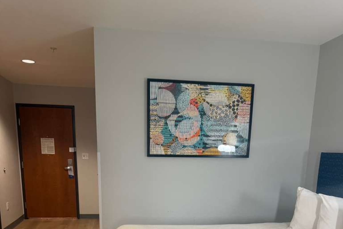 A hotel room with a bed, a door, and a wall-mounted artwork.