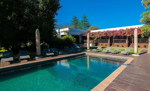 Outdoor pool, pool umbrellas, pool loungers