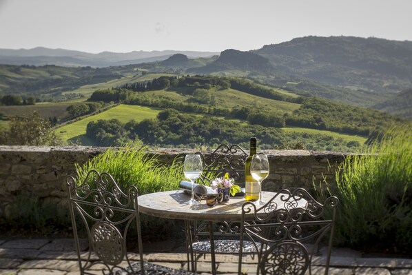 A table with two wine glasses and a bottle, set against a scenic hillside view.