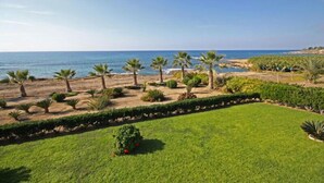 A coastal landscape with a well-maintained lawn, palm trees, and a view of the sea. - Platzia Beach Villas (Kissonerga)