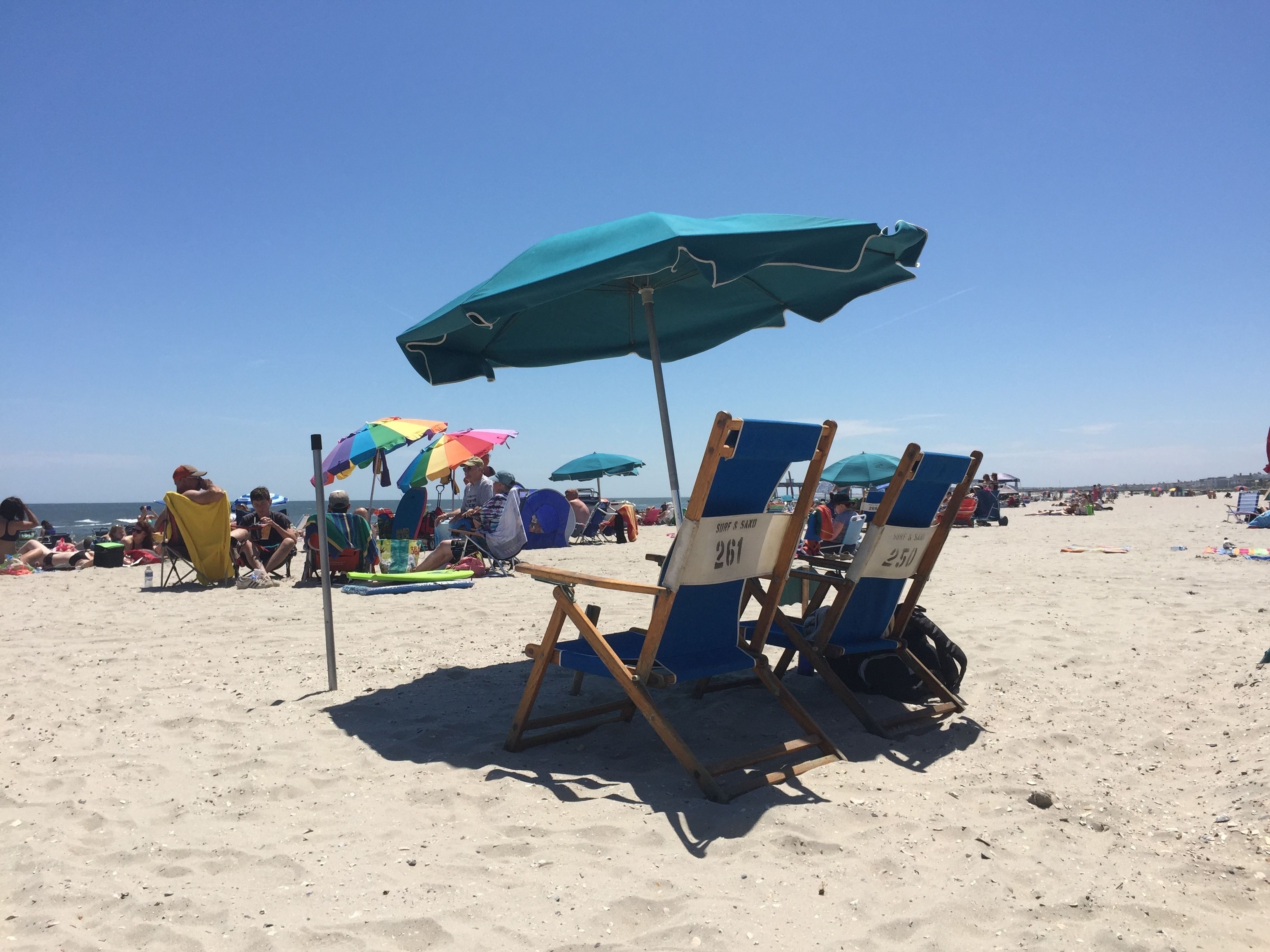 Beach chairs and umbrellas on a sandy beach.