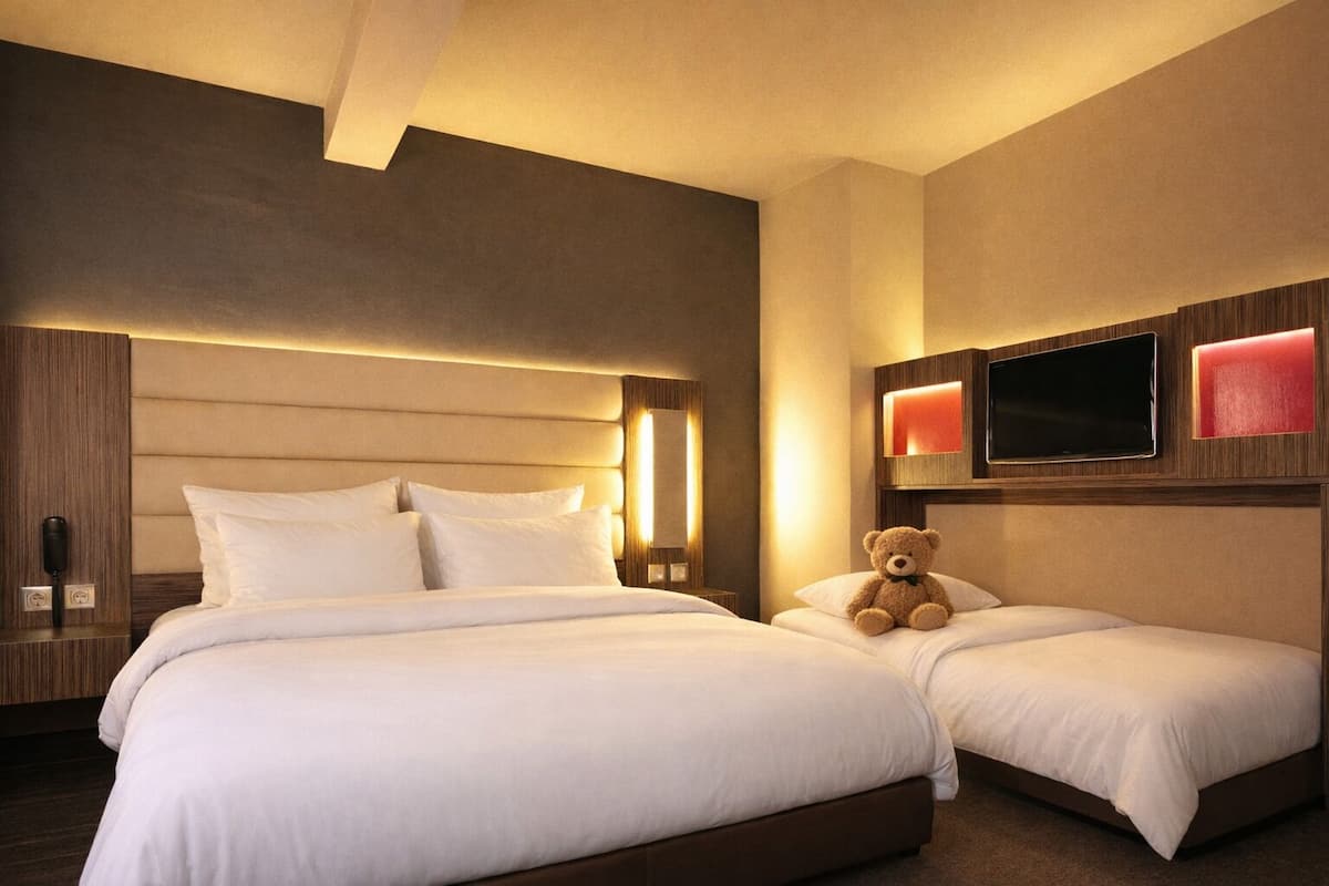 A hotel room with a large bed, a smaller bed, a television, and a teddy bear on the smaller bed.