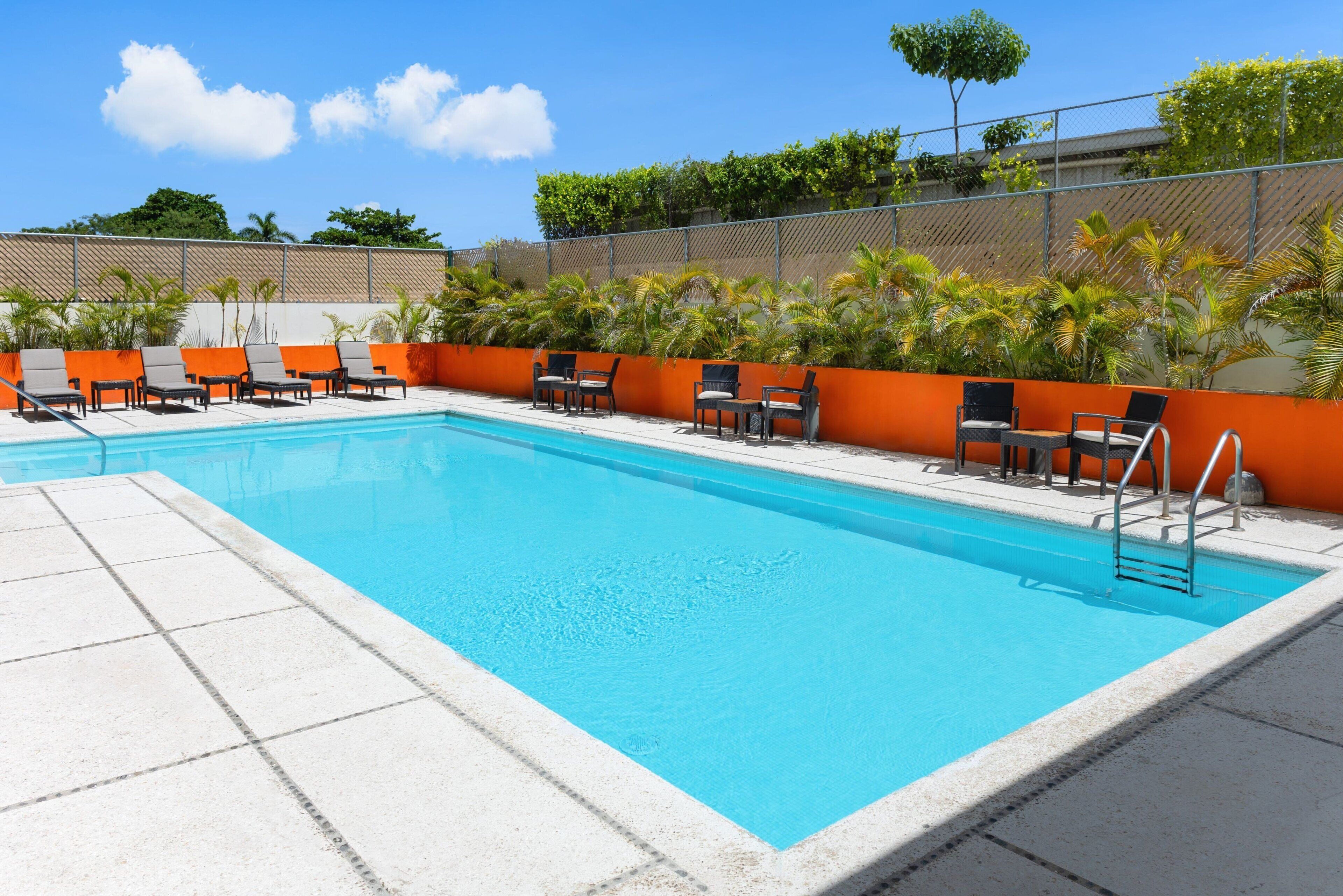 outdoor pool, pool loungers