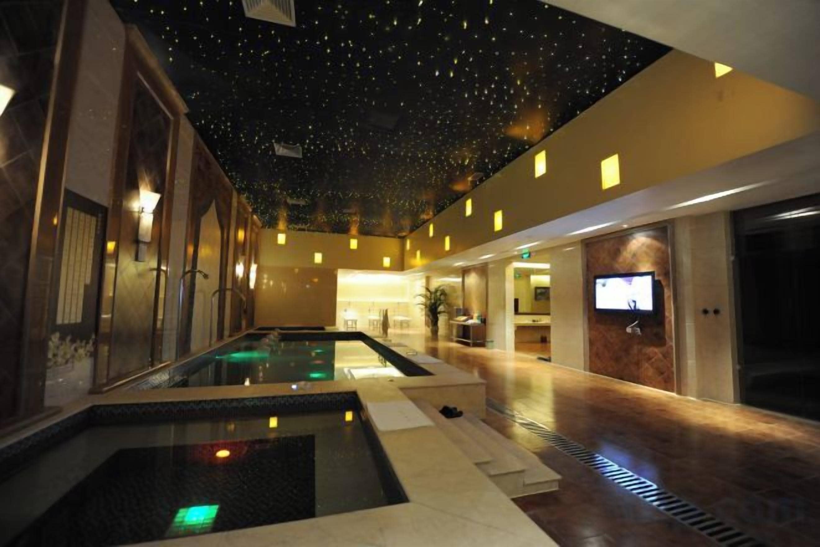 A hotel lobby with a pool, a reception desk, and a starry ceiling.