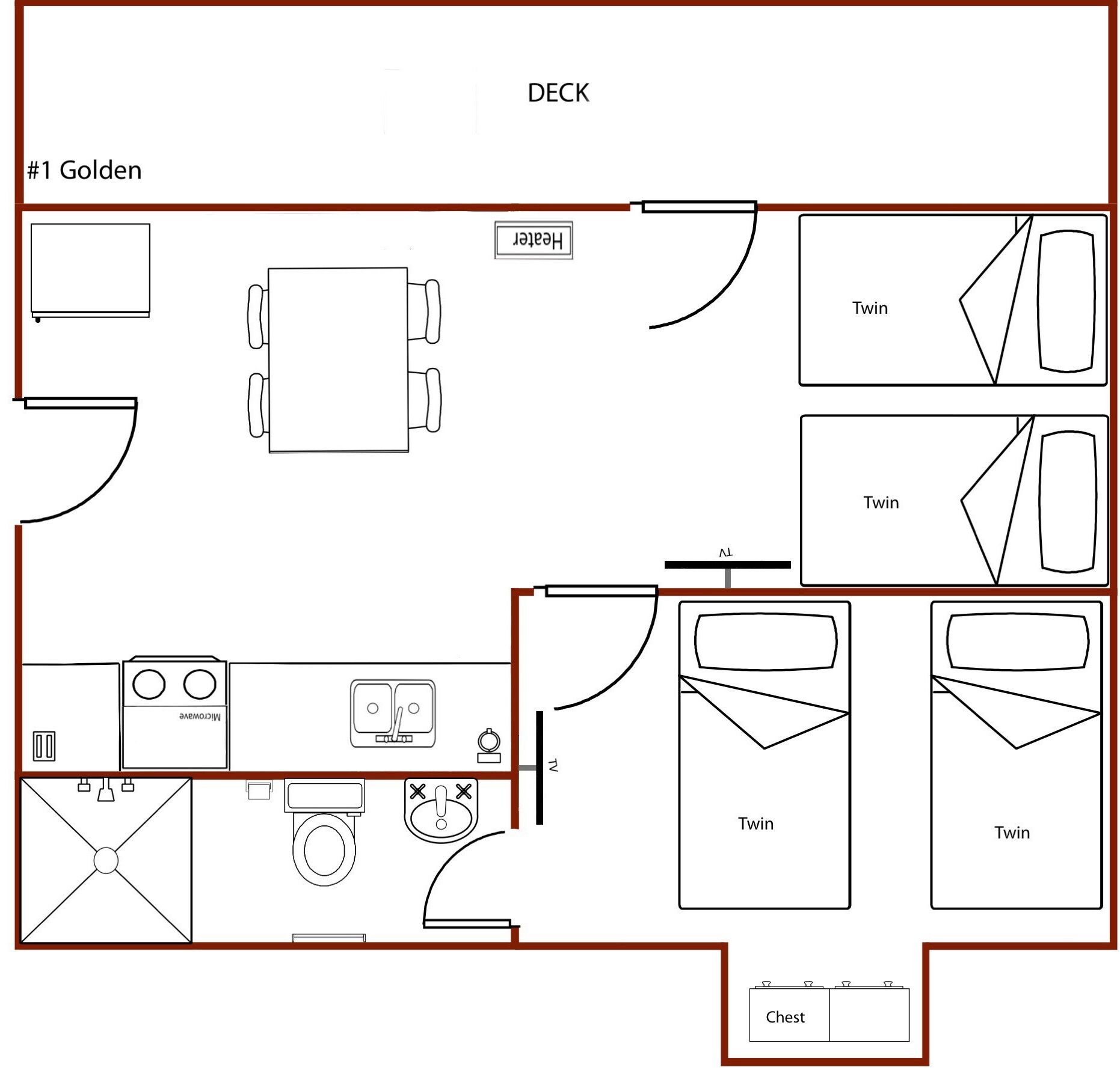 A floor plan of a hotel room with a kitchenette, a seating area, a bathroom, and a chest of drawers.
