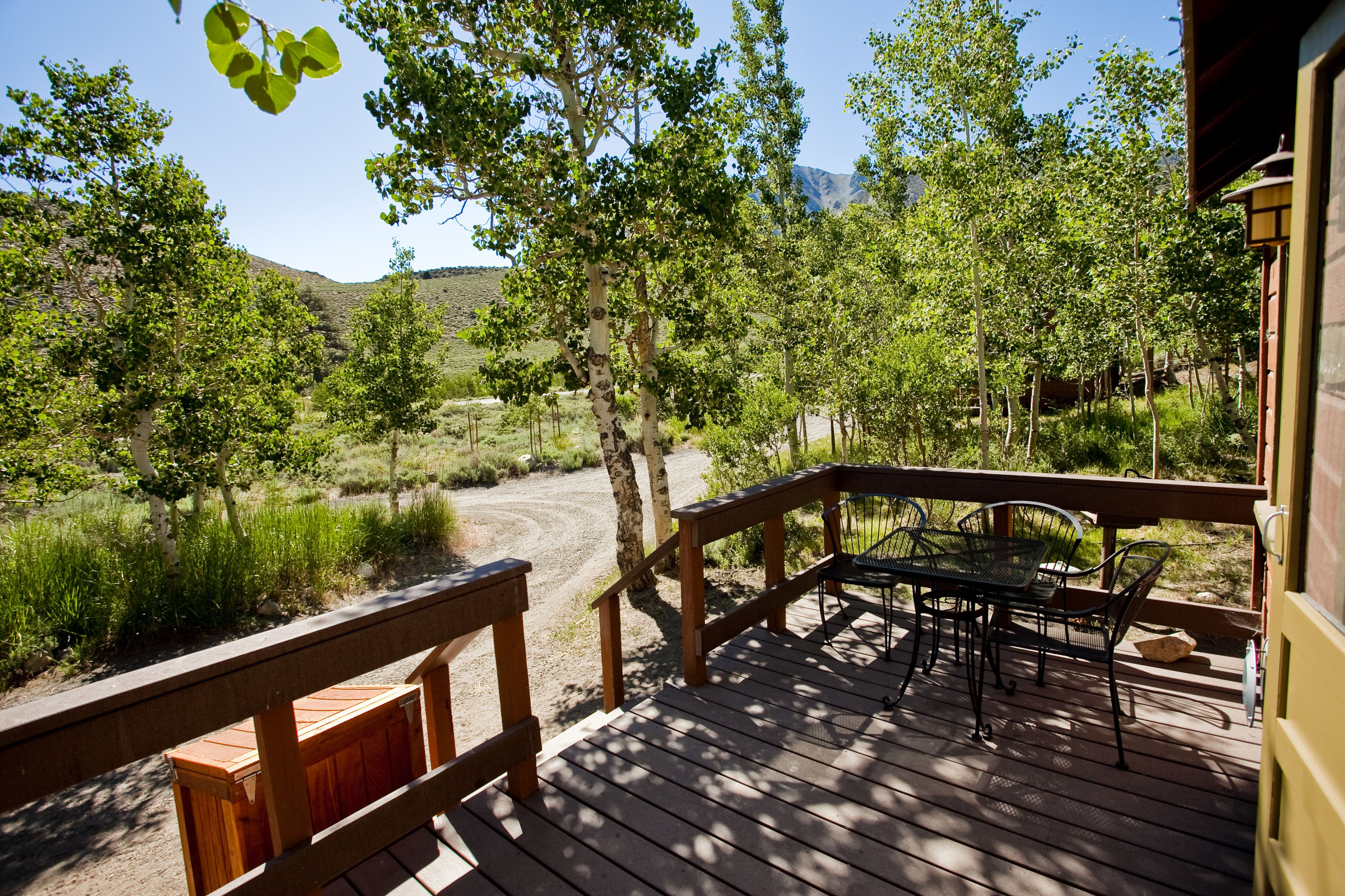 A wooden deck with metal chairs and a table, overlooking a grassy area with trees and a dirt path.