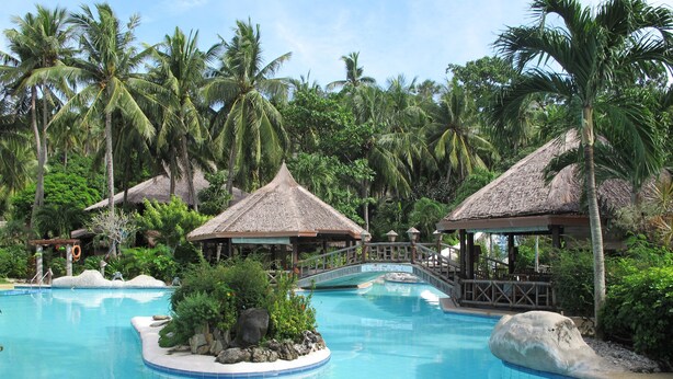 A resort pool with thatched-roof structures, surrounded by palm trees and tropical vegetation. - Coco Beach Island Resort (Puerto Galera)
