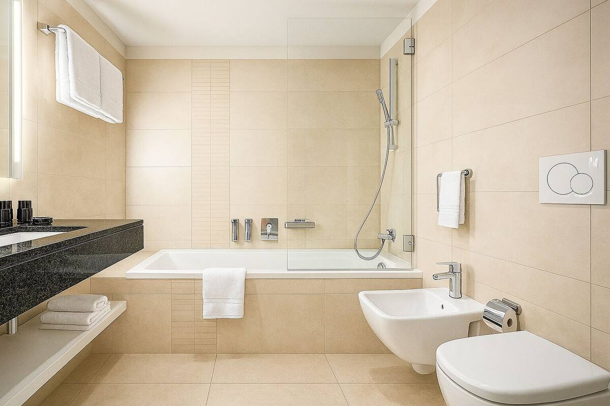 junior suite | bathroom | rainfall showerhead, free toiletries, hair dryer, towels