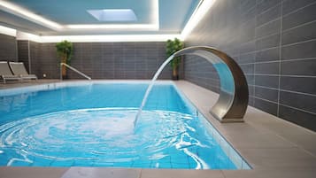 Indoor pool, open 8 AM to 8 PM, pool loungers