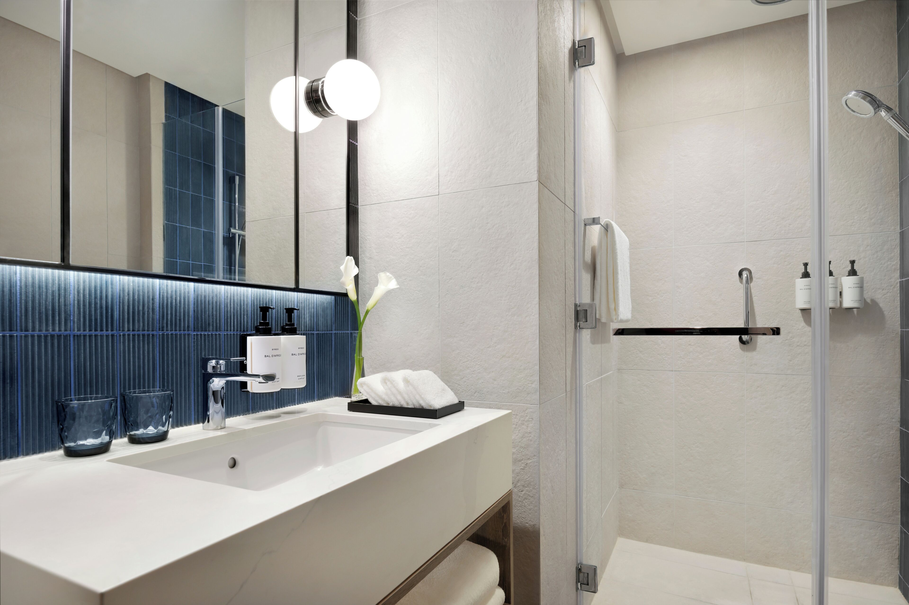 A modern bathroom with a large mirror, two sinks, a glass shower enclosure, and a towel rack.