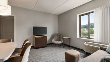 A hotel room with a dining area, a television, a chair, a window with a view, and a heater.