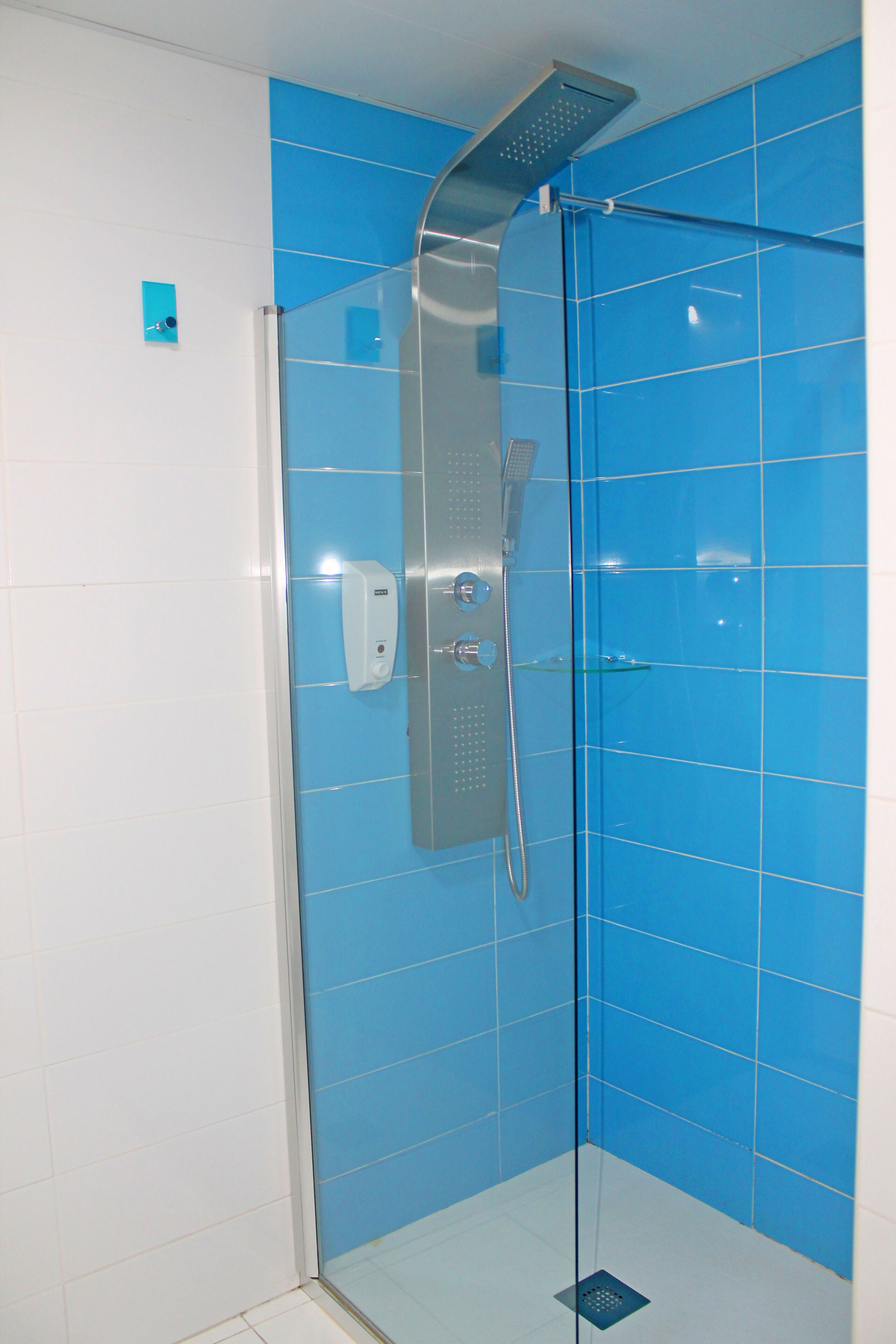 A glass-enclosed shower with a handheld showerhead and a wall-mounted control panel.