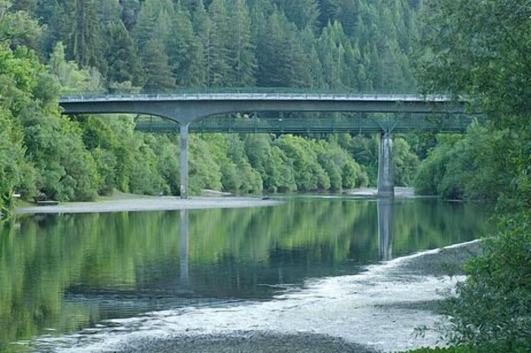 A bridge over a calm river with dense forest on both sides.