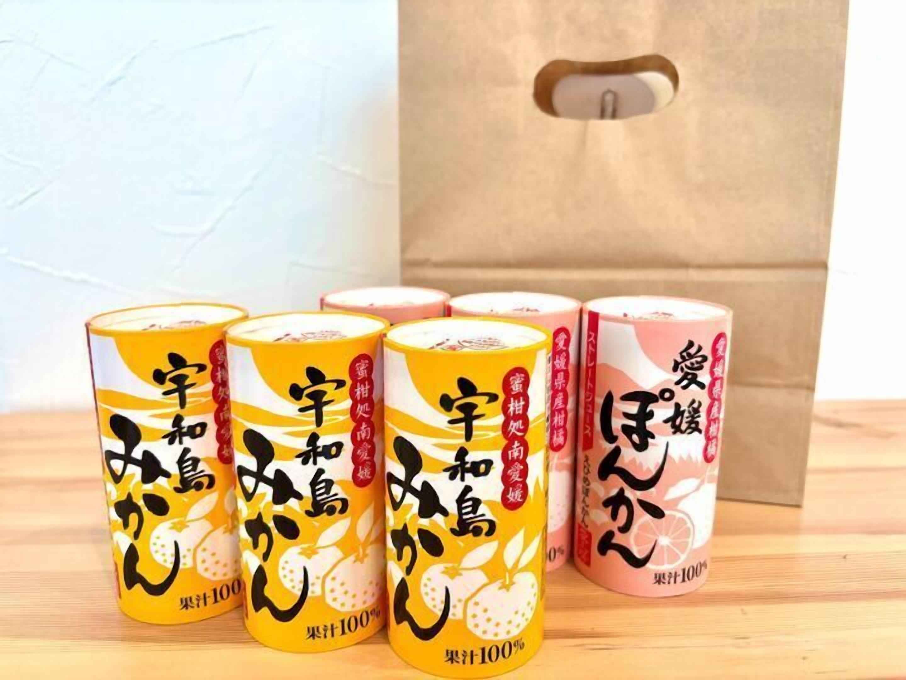 Four cans of fruit juice with Japanese labels, placed on a wooden surface with a paper bag in the background.