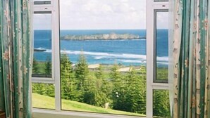 A bedroom with a large window offering a view of the ocean and greenery. - Panorama Seaside Apartments (Norfolk Island)