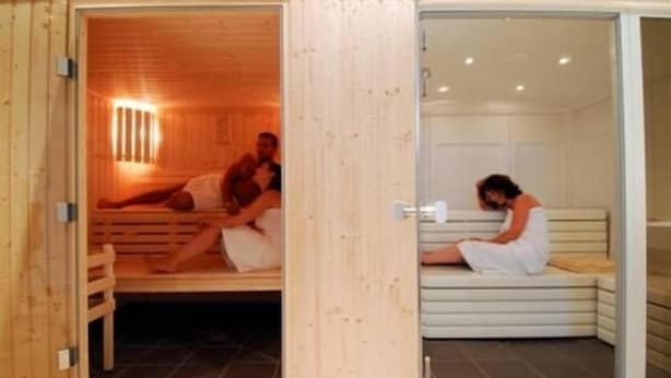 A sauna with wooden benches and a glass partition. - Au Relais de Clamart (Clamart)
